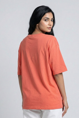 Women's Bee Positive Cute Left Pocket Print Oversized Coral T-Shirt