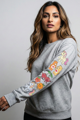 Women's Grey Melange Retro Dreams & Magic Sleeve Print Sweatshirt