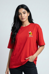 Women's Bee Positive Cute Left Pocket Print Oversized Red T-Shirt