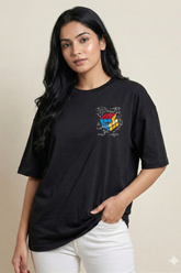 Women's Rubik’s Cube Puzzle Left Pocket Print Oversized T-Shirt