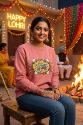 Women's Coral Pop Goes the Lohri – Festive Cotton Sweatshirt