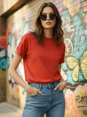 Women's Round Neck Red Half Sleeve Plain T-shirt