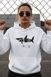 Women's Shark Typography White Oversized Hooded Sweatshirt