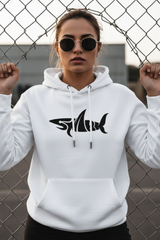 Women's Shark Typography White Oversized Hooded Sweatshirt