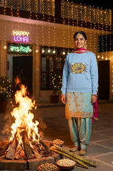 Women's Baby Blue Pop Goes the Lohri – Festive Cotton Sweatshirt