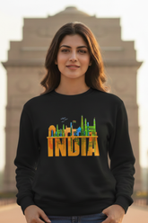 Women's INDIA Skyline Tricolour Art Black Sweatshirt