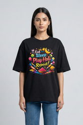 Women's Eat Sleep Play Holi Repeat – Classic Oversized Black T-Shirt