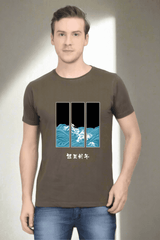 Men's Round Neck Olive Green Half Sleeve Tidal Art T-Shirt