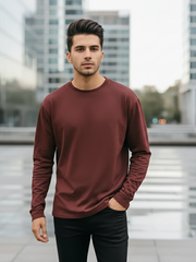 Men's Maroon Round Neck Full Sleeve Plain T-shirt