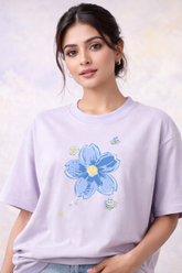 Women's Cute Blue Flower Graphic Oversized T-Shirt
