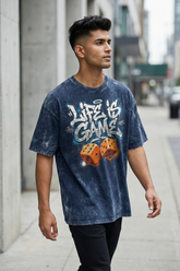 Men's Life Is Game Oversized Acid Wash Navy Blue T-Shirt