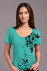 Women's Teal Floral Silhouette Half Sleeve Tshirt