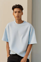 Unisex Plain Baby Blue Oversized Terry Cotton Half Sleeve T-shirt