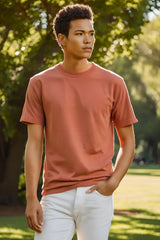 Men's Brick Red Round Neck Half Sleeve Plain T-shirt
