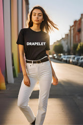 Women's Round Neck Black Half Sleeve "Drapelet" T-shirt