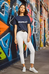 Women's Round Neck Navy-blue Half Sleeve "Drapelet" T-shirt
