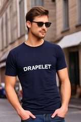 Men's Drapelet Round Neck Navy Blue Half Sleeve T-shirt