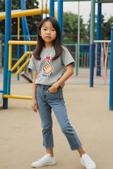 Girls Grey Melange Round Neck Half Sleeve K-PoP Love T-shirt