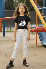 Girls Black Round Neck Half Sleeve Panda T-shirt