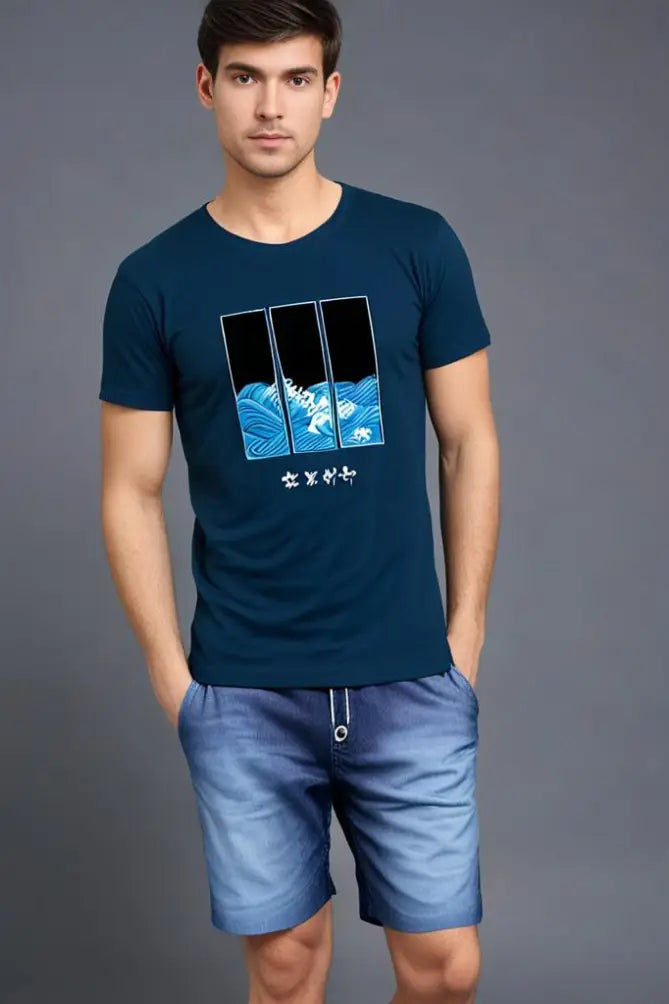 Mens Round Neck Petrol Blue Half Sleeve Tidal Art Tshirt
