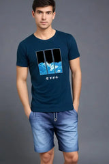 Mens Round Neck Petrol Blue Half Sleeve Tidal Art Tshirt