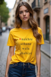 Women Humorous Hindi Quote Graphics Yellow Half Sleeve Tshirt