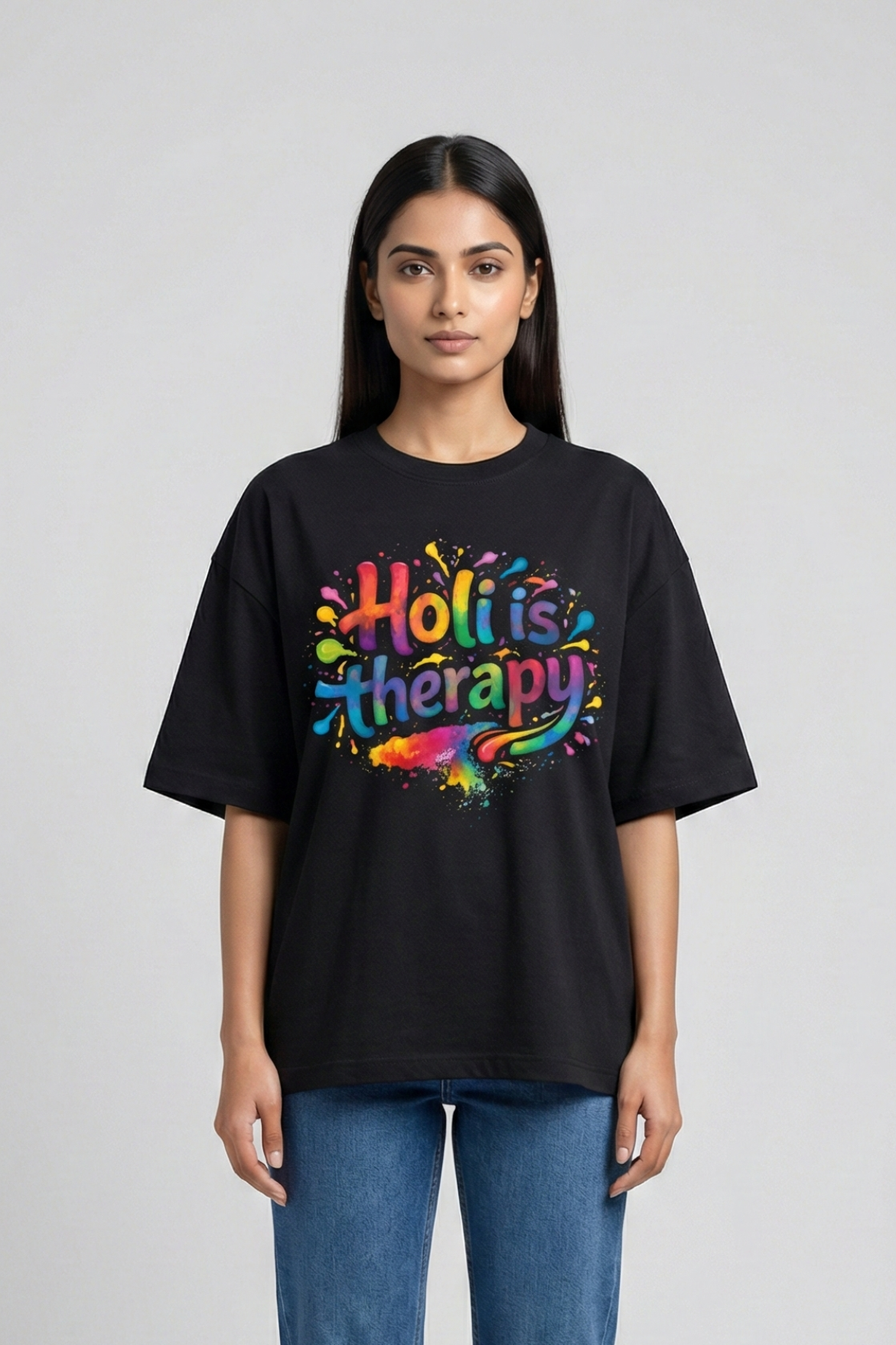Women's Holi Is Therapy – Classic Oversized Black T-Shirt