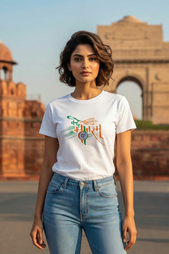 Women's Vande Matram Tricolour Calligraphy Classic Crew T-Shirt