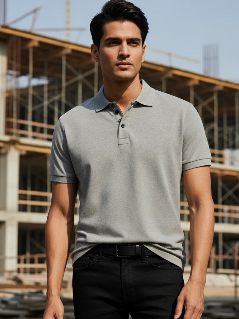 Men's Grey Melange Polo Half Sleeve T-shirt