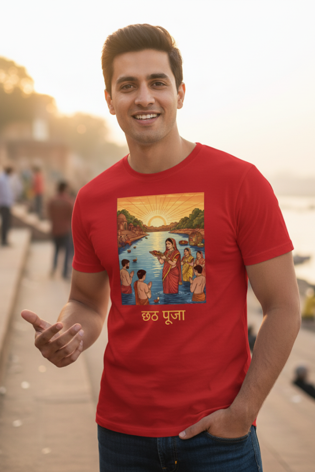Unisex Vibrant Chhath Puja Scene Cultural Classic Crew T-Shirt