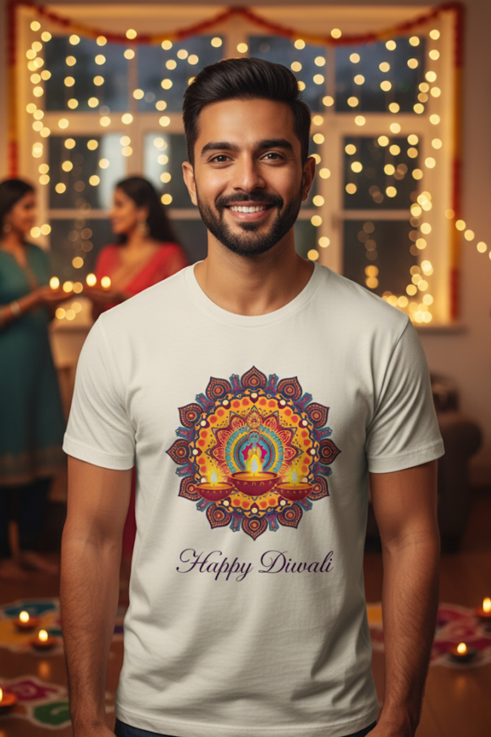 Unisex Diwali Celebration Mandala Graphic Classic Crew Off-White T-Shirt