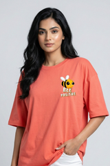 Women's Bee Positive Cute Left Pocket Print Oversized Coral T-Shirt