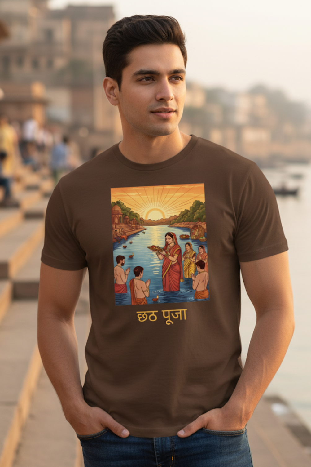 Unisex Vibrant Chhath Puja Scene Cultural Classic Crew T-Shirt
