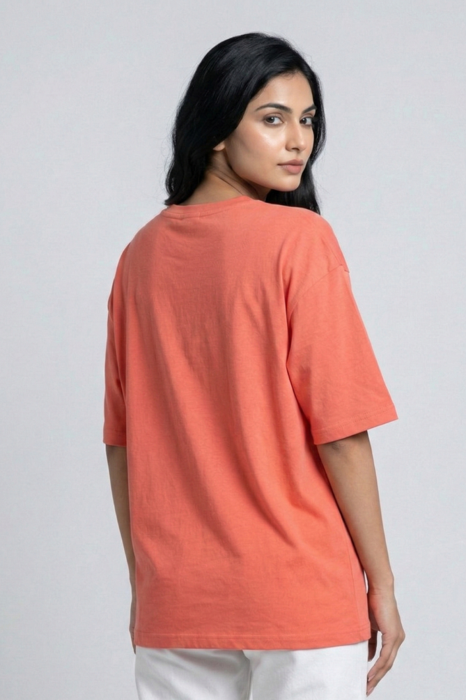 Women's Bee Positive Cute Left Pocket Print Oversized Coral T-Shirt