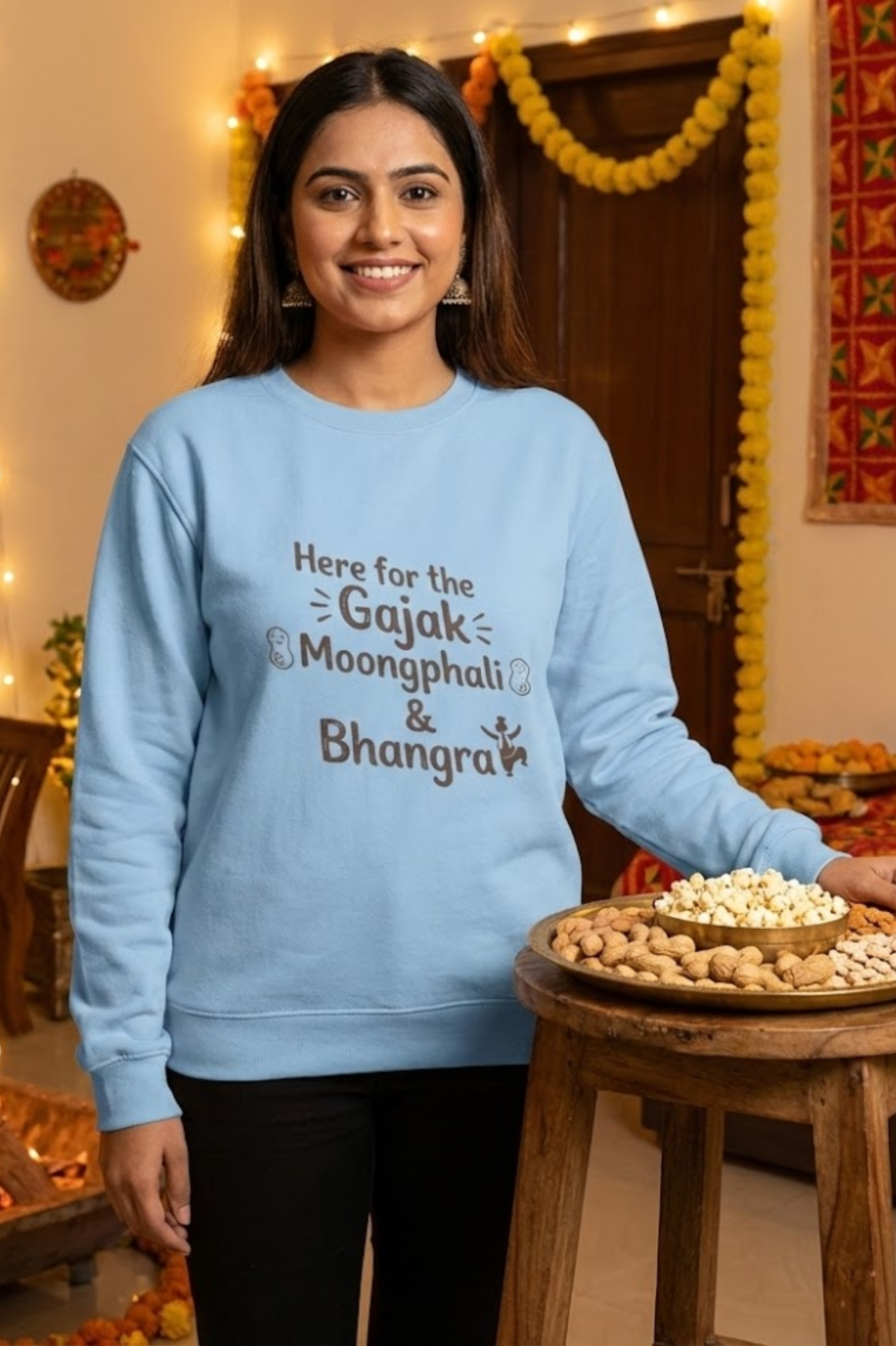 Women's Baby Blue Gajak, Moongphali & Bhangra – Cotton Sweatshirt