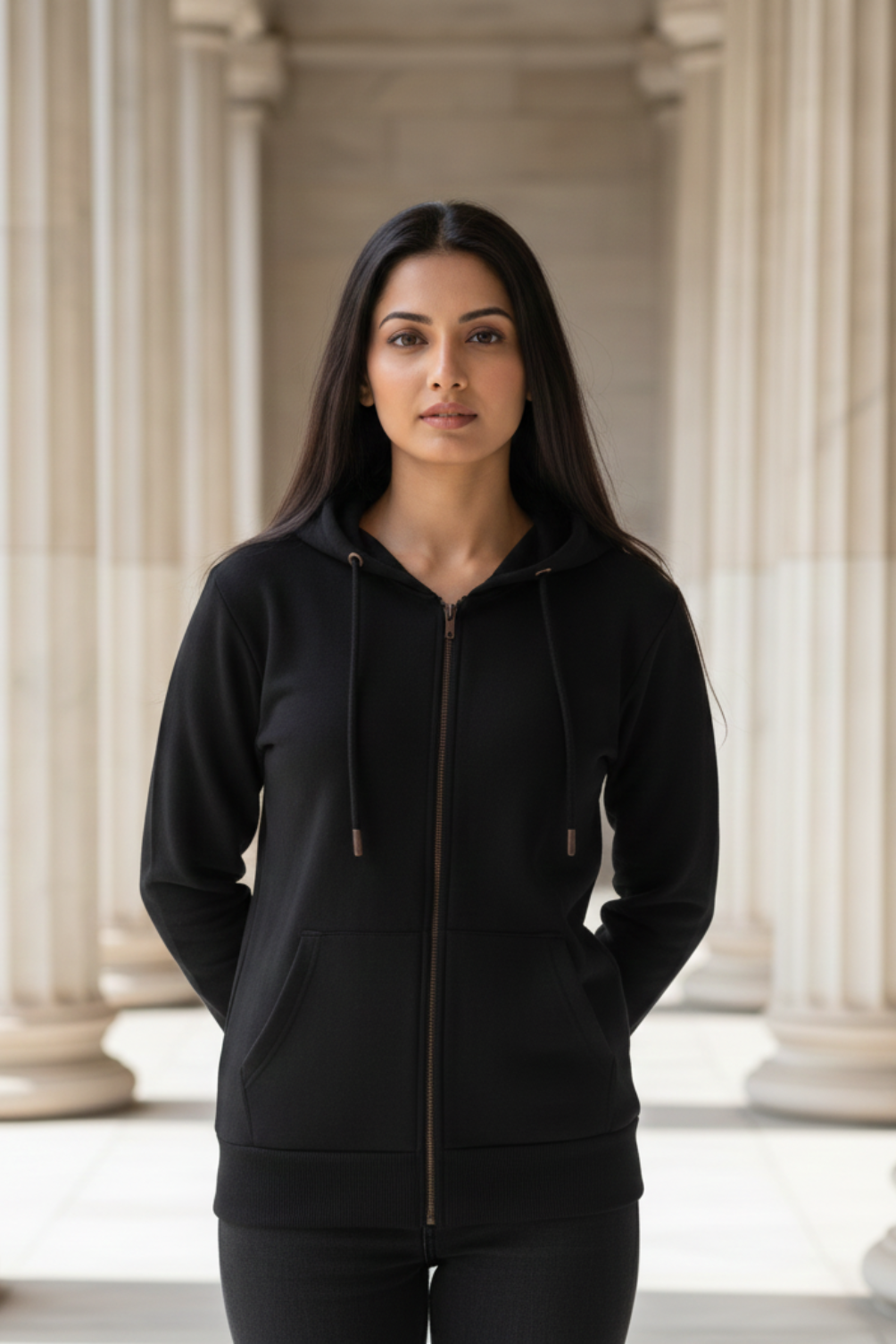 Women's Plain Black Zipped Hoodie