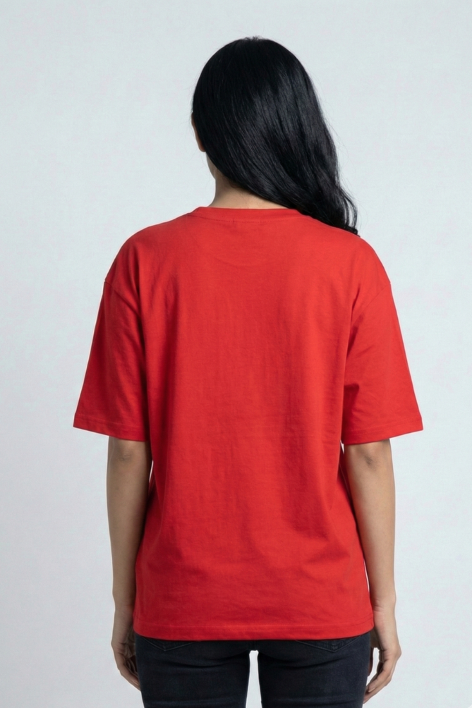 Women's Bee Positive Cute Left Pocket Print Oversized Red T-Shirt