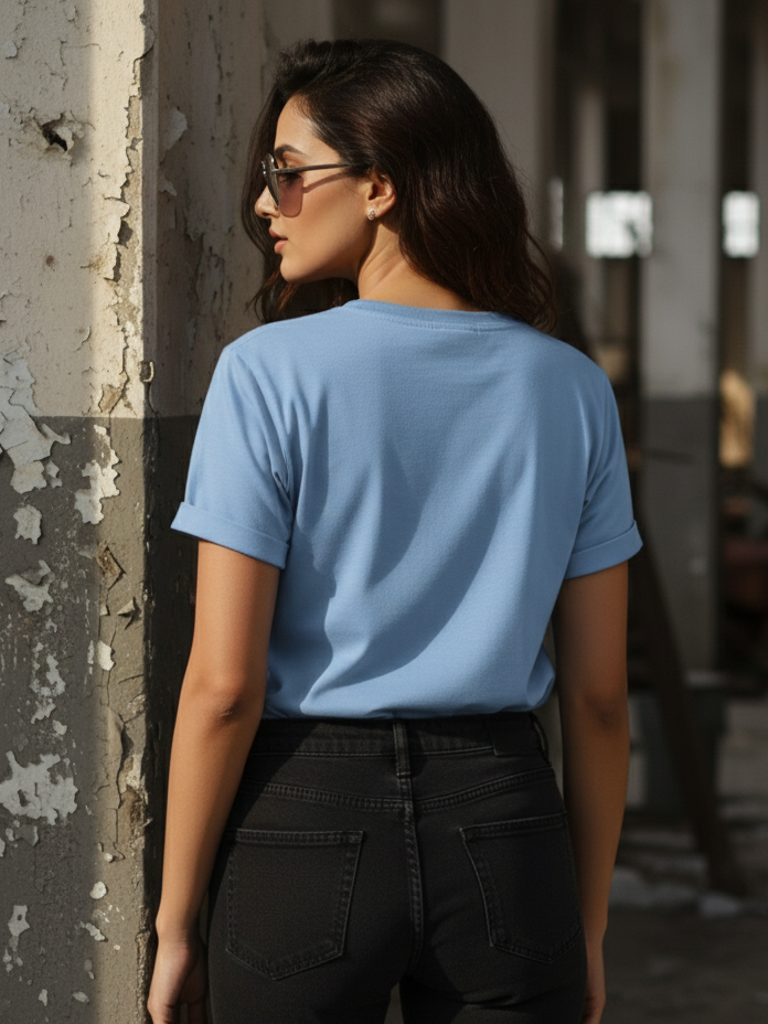 Women's Round Neck Half Sleeve Sky Blue Plain T-shirt