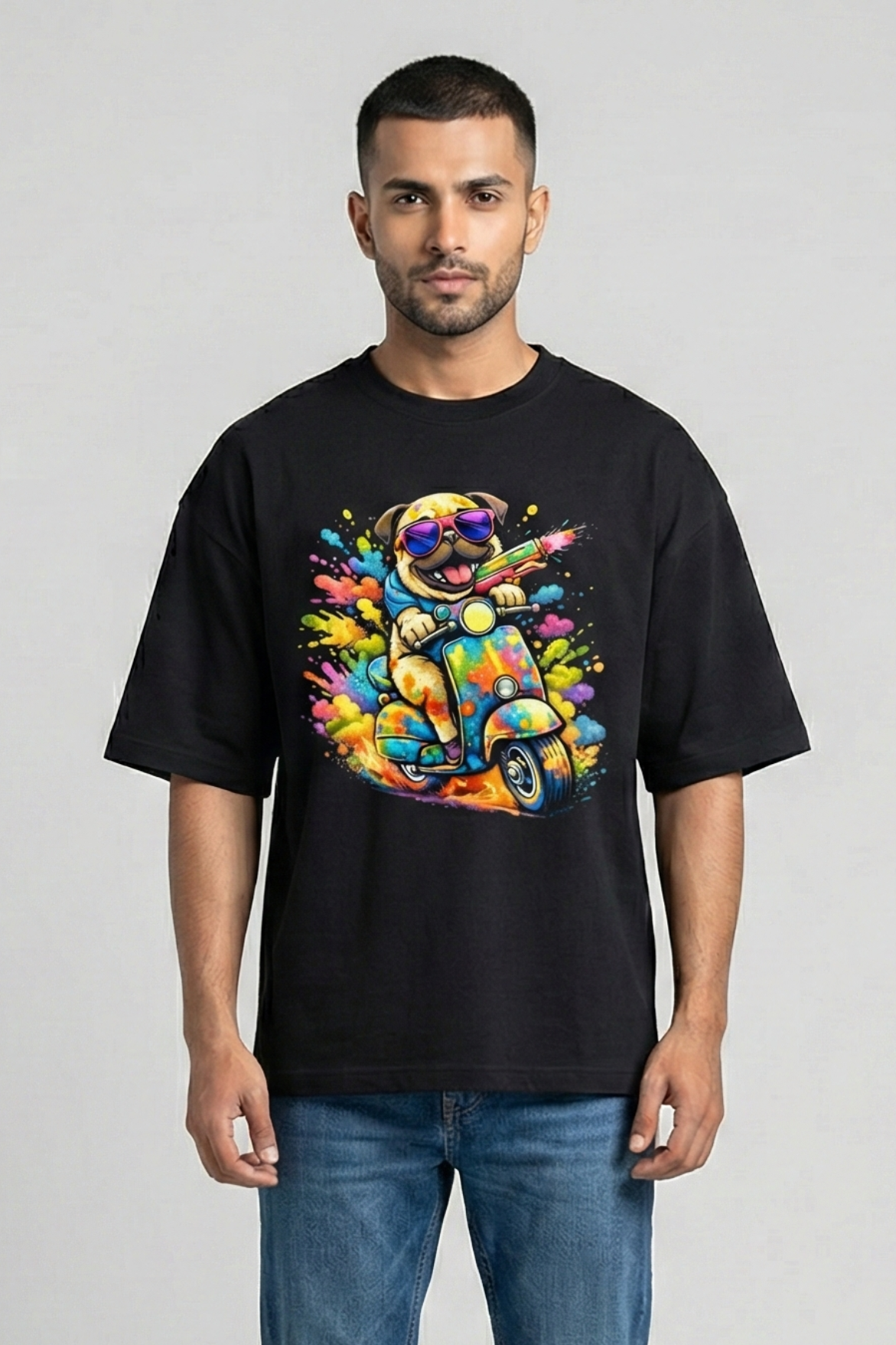 Men's Holi Vibes Scooter Dog – Classic Oversized Black T-Shirt