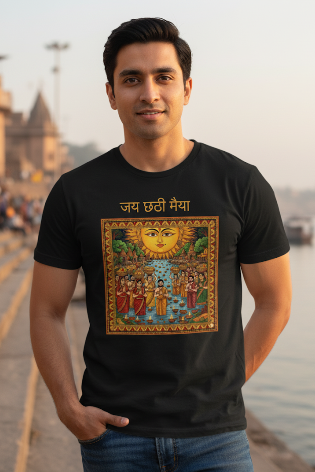 Unisex Jai Chhathi Maiya Folk Art Devotional Classic Crew Black T-Shirt