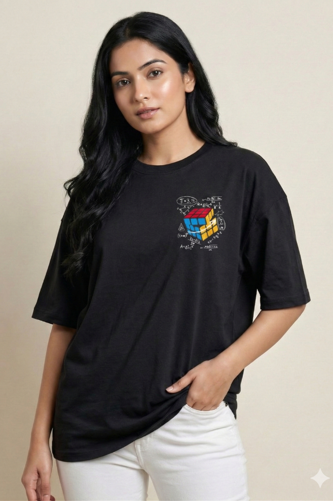 Women's Rubik’s Cube Puzzle Left Pocket Print Oversized T-Shirt