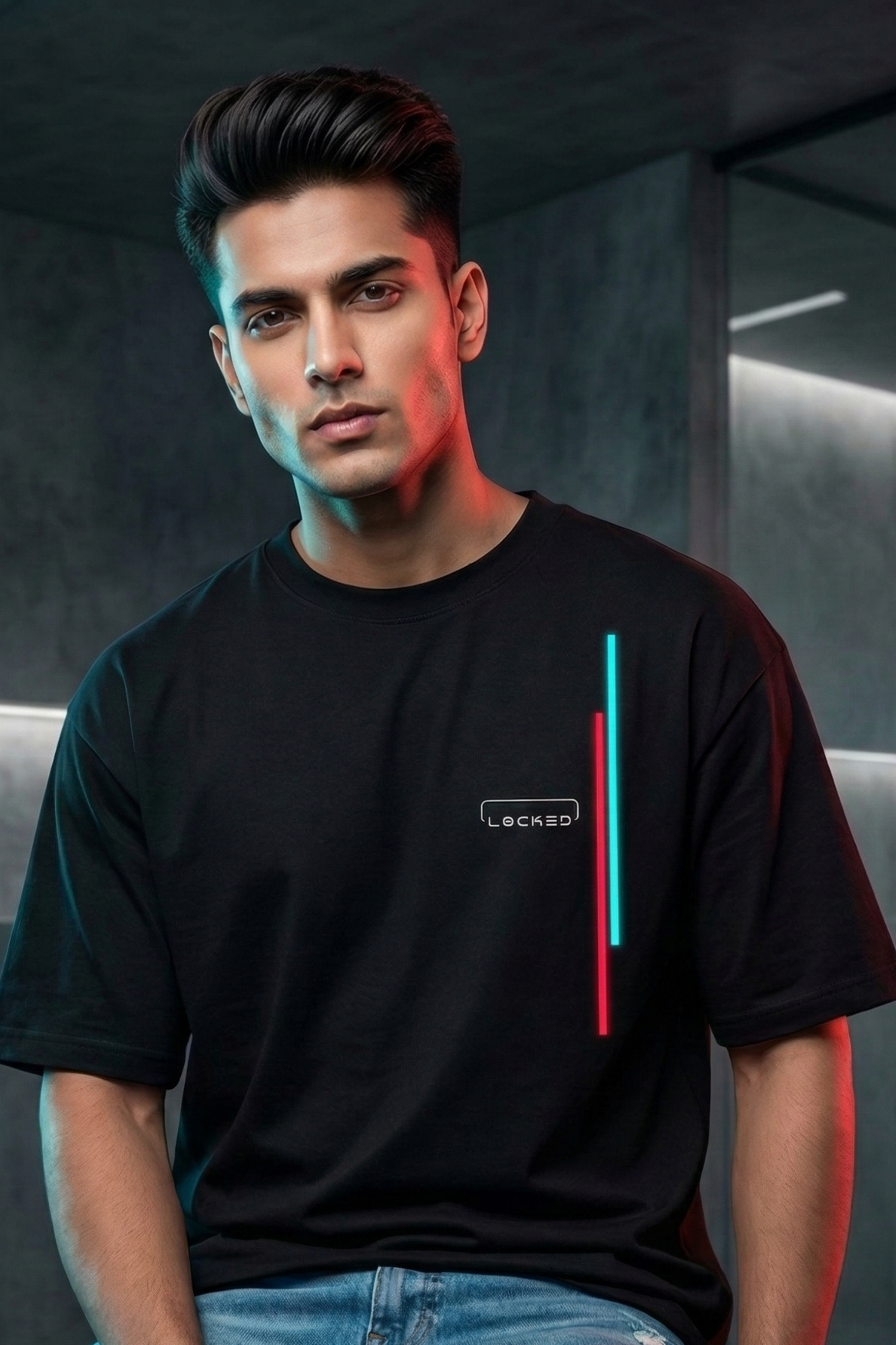 Men's Locked Minimal Neon Lines Graphic Oversized T-Shirt