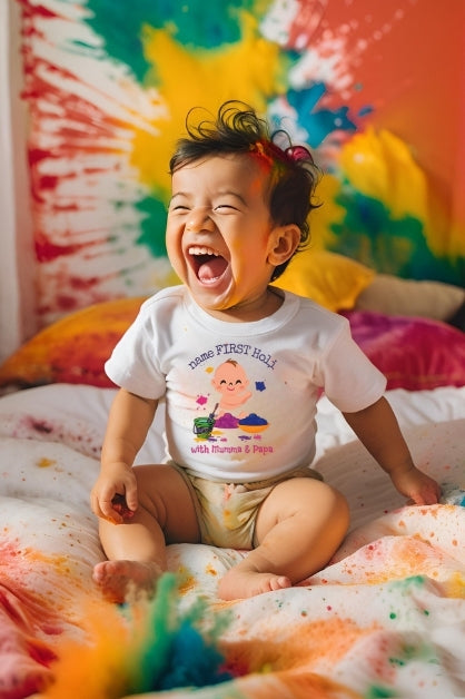 Boys "My First Holi" Name Customized White Half Sleeve T-shirt