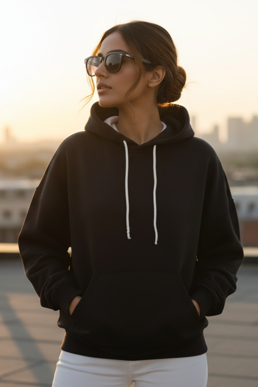 Women's Black Oversized Hooded Plain Sweatshirt