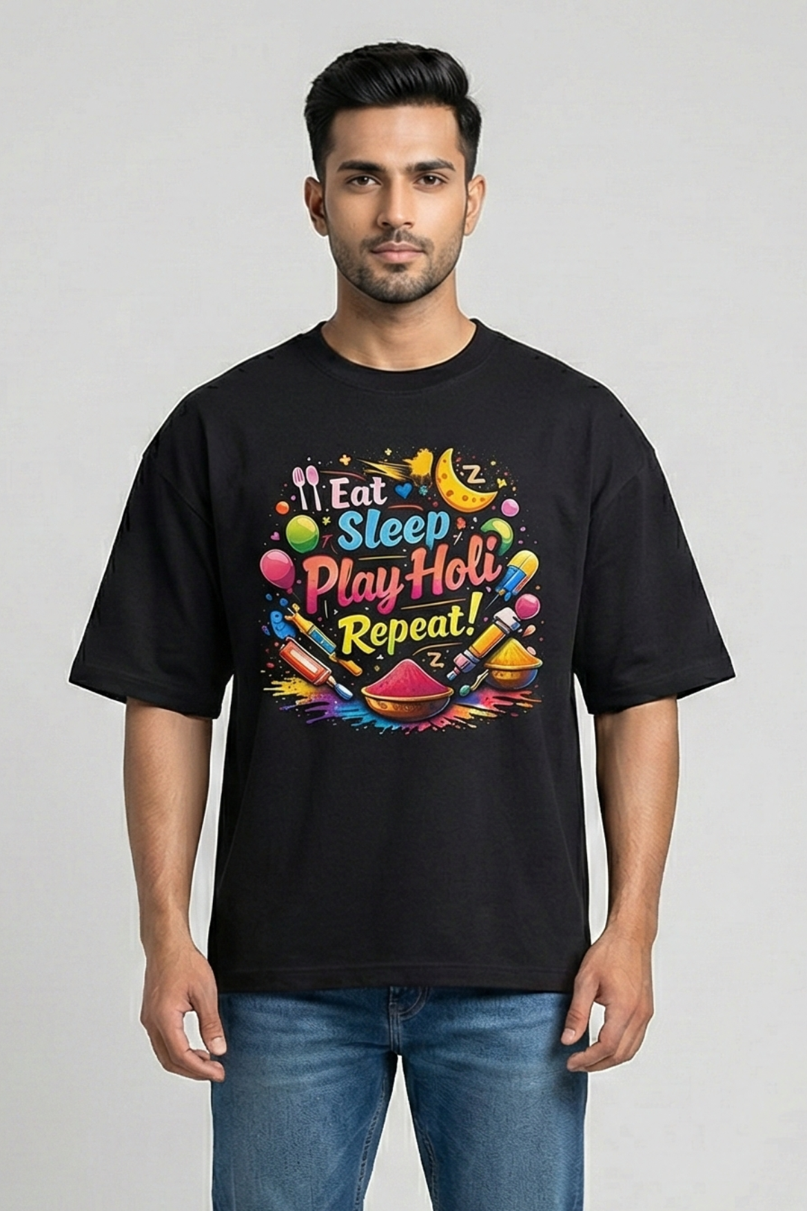 Men's Eat Sleep Play Holi Repeat – Classic Oversized Black T-Shirt