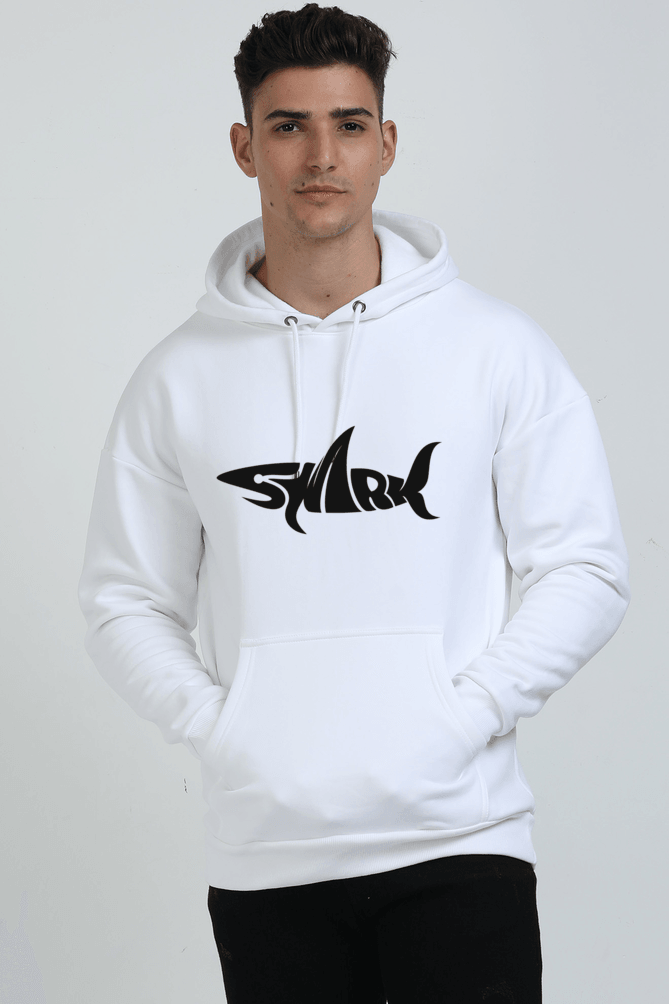 Men's Shark Typography White Oversized Hooded Sweatshirt