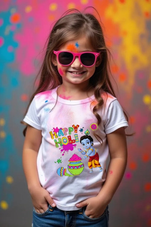 Girls Holi Round Neck Half Sleeve T-shirt