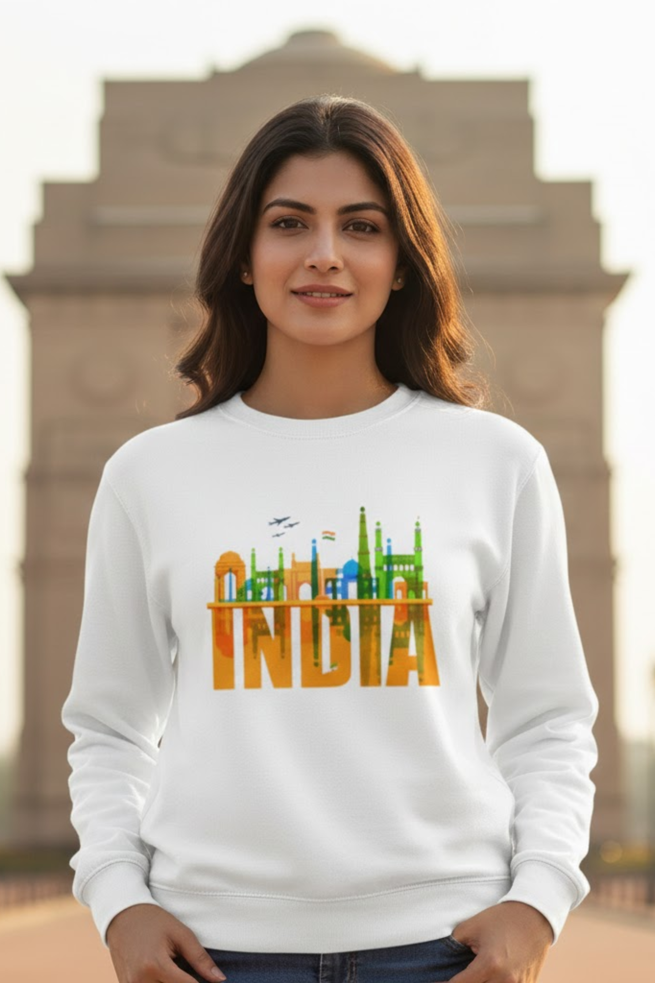 Women's INDIA Skyline Tricolour Art White Sweatshirt