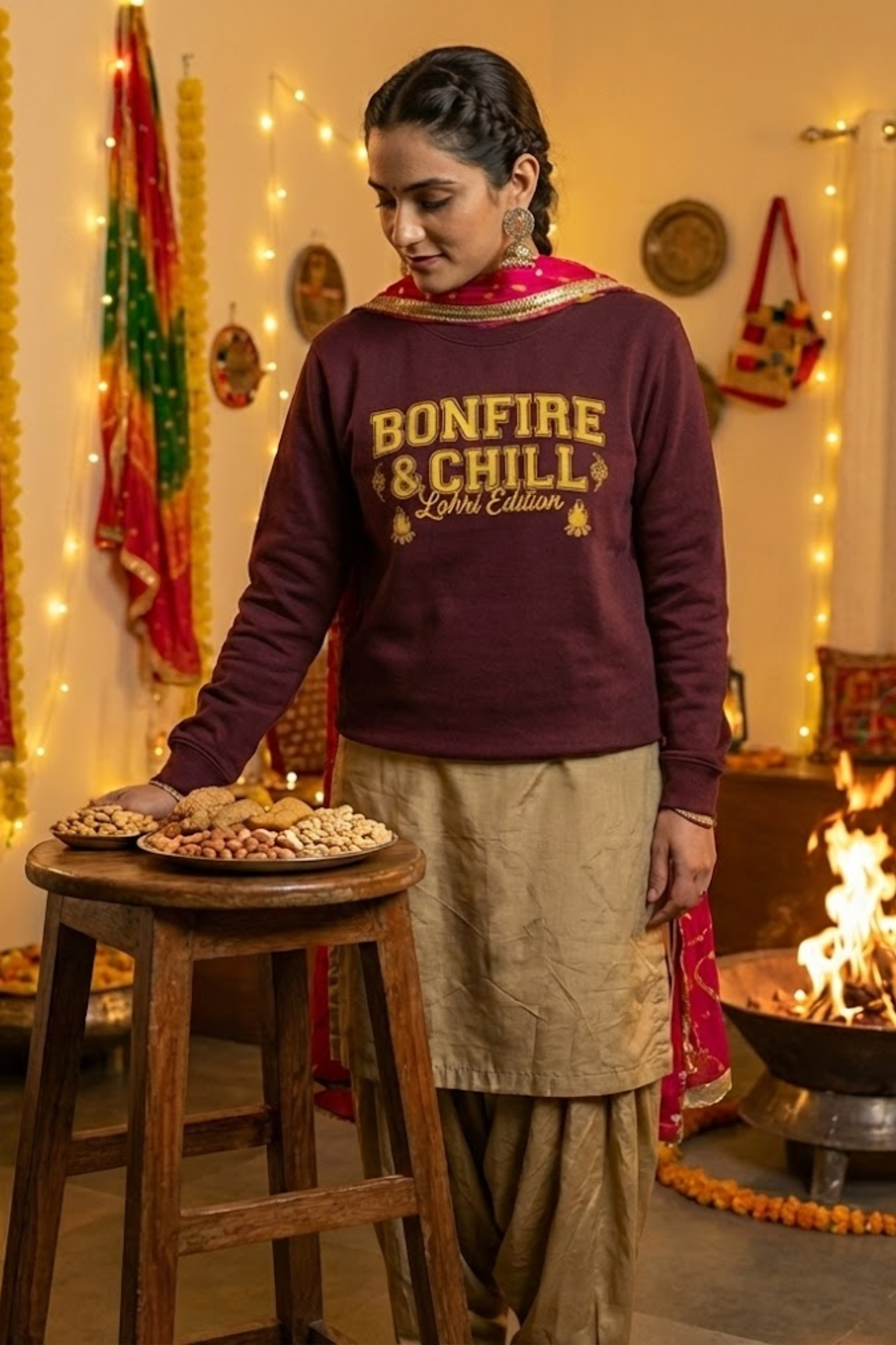 Women's Maroon Bonfire & Chill – Lohri Edition Cotton Sweatshirt