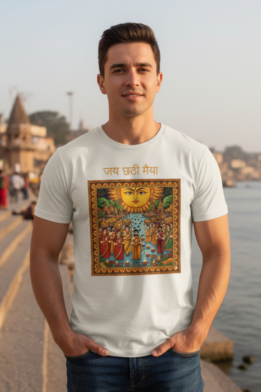 Unisex Jai Chhathi Maiya Folk Art Devotional Classic Crew Off-white T-Shirt